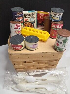 70s Amsco Miniature Toy Food Items & Basket Pretend Play Canned Items Egg Carton